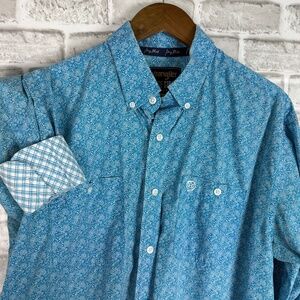 Wrangler George Strait Mint Blue Print Flip Cuff Button Down Shirt Mens LARGE
